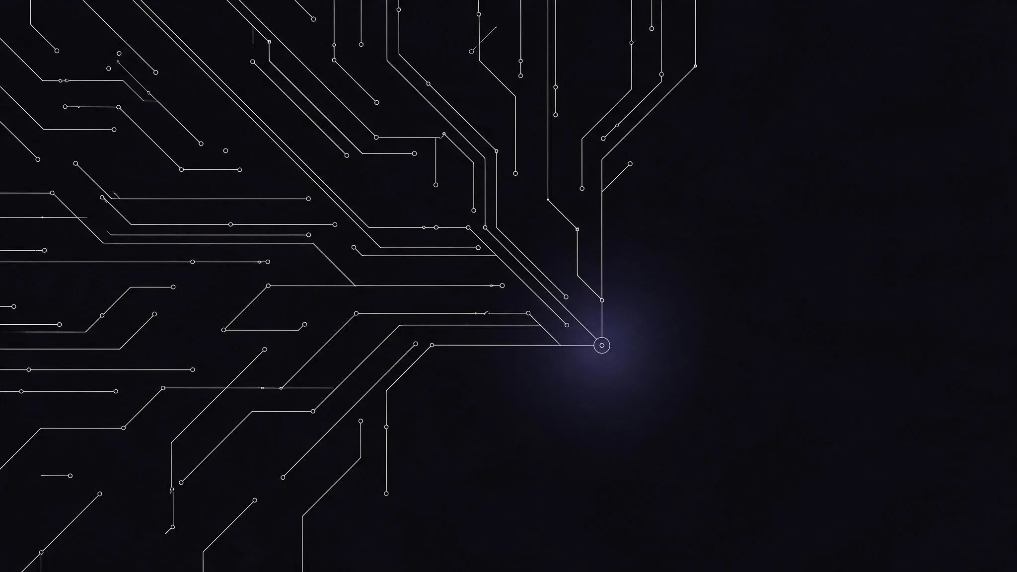 Composición geométrica abstracta con nodos y conexiones finas sobre fondo casi negro, referencia visual de arquitectura de software