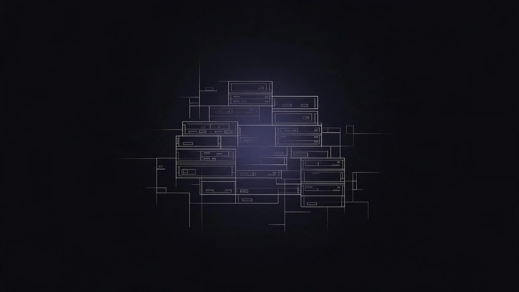 Composición geométrica abstracta con formas modulares tipo blueprint sobre fondo casi negro, referencia visual de infraestructura administrada