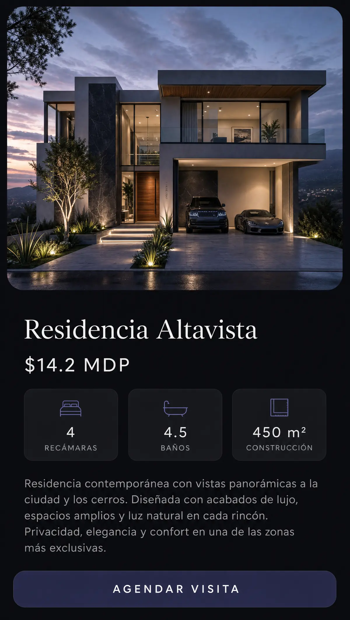 Pantalla de aplicación inmobiliaria con fotografía arquitectónica y ficha de propiedad